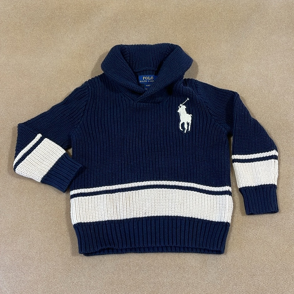 POLO RALPH LAUREN LARGE PONY NAVY BLUE SHAWL COLLAR COTTON KNIT SWEATER SIZE 4T